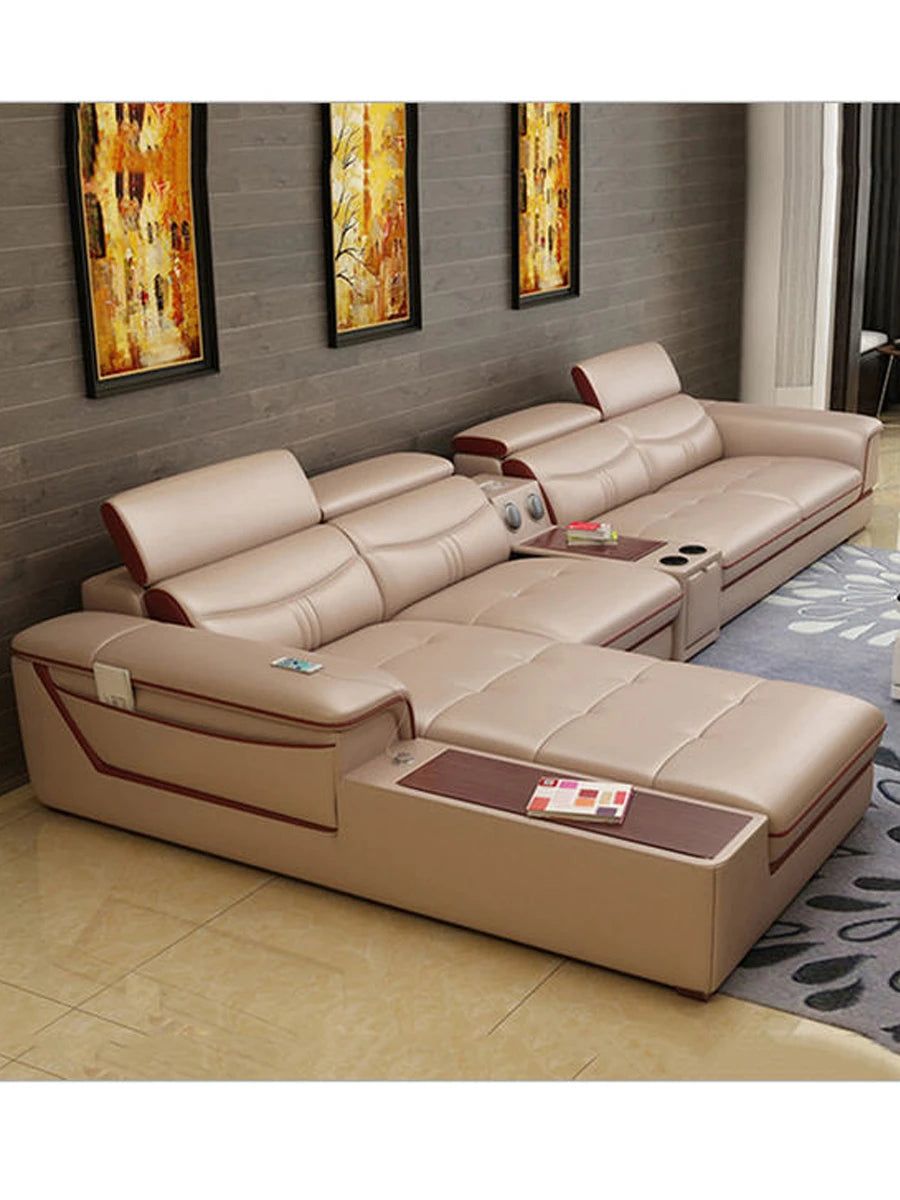 Genuine Cow Leather L-Shape Sofa Set - Bluetooth & Puff Seating