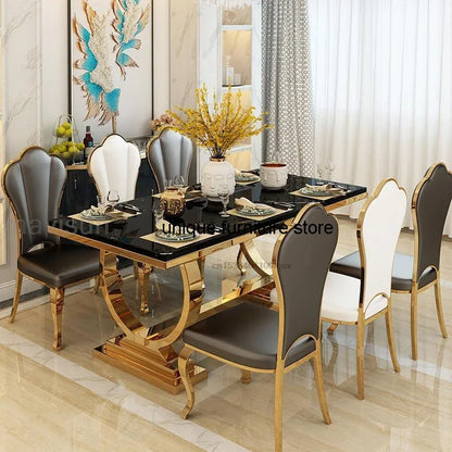 Light Luxury Kitchen Table: Marble Rectangle, Gold-Plated Stainless Steel Frame, Hotel Dining Set