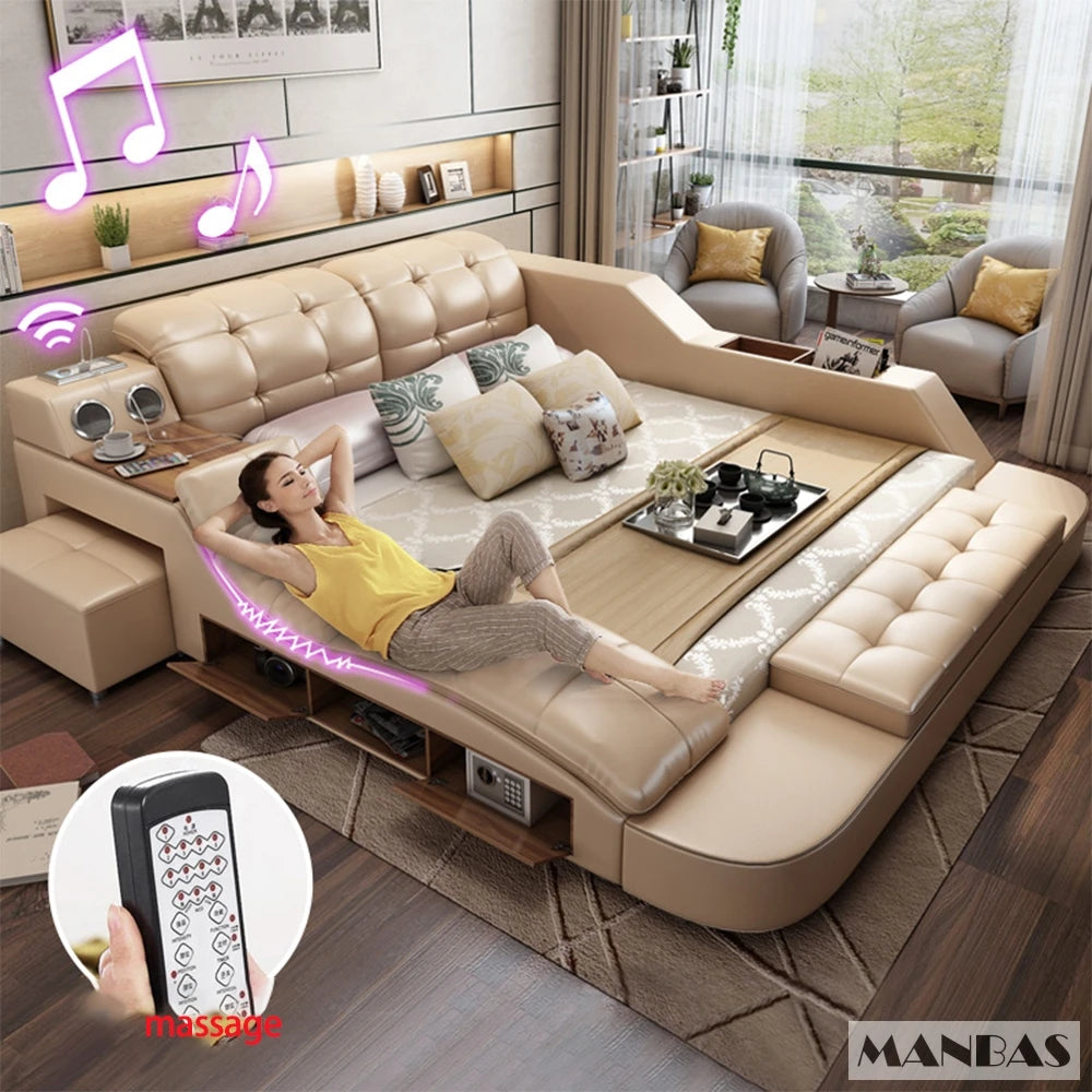 Luxury King Size Smart Bed with Genuine Leather & Massage