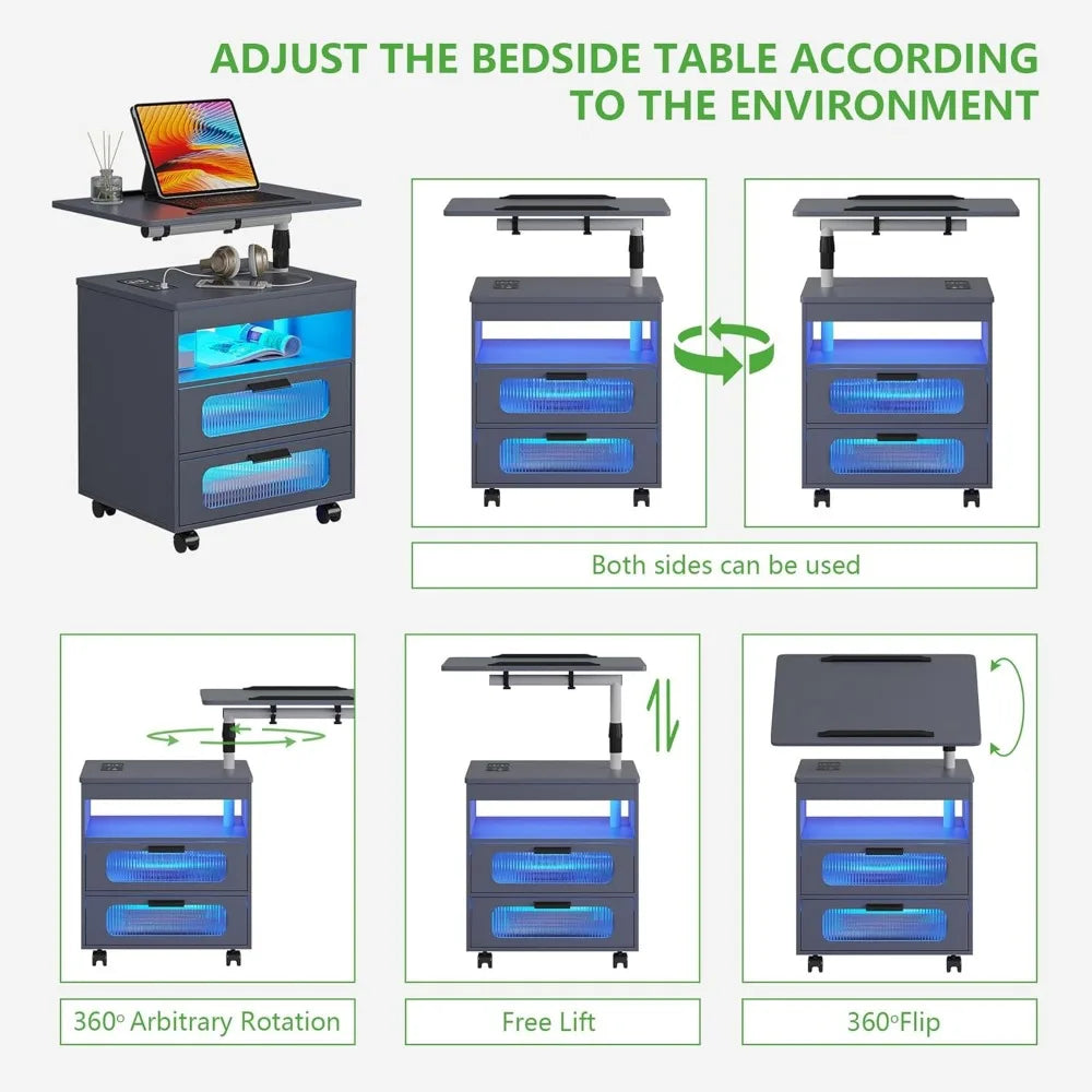 LED Nightstand Set of 2 with Wireless Charging and Adjustable Table