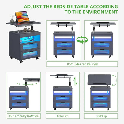 LED Nightstand Set of 2 with Wireless Charging and Adjustable Table