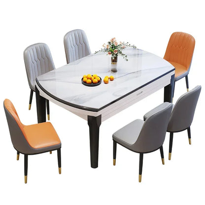 Designer Long Dining Table Set: Extendable Rectangular with Non-Slip Chairs, White Mesa Comedor