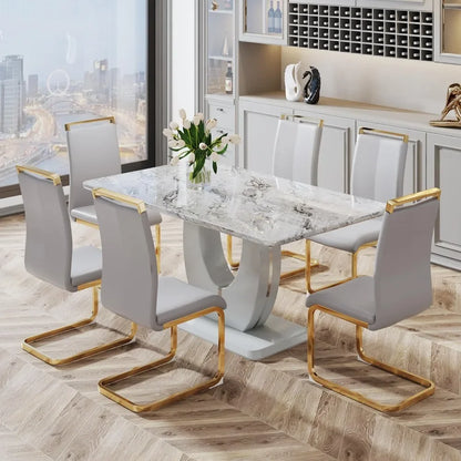 Modern Dining Room Set for 6: Rectangular Table with Faux Marble, Kitchen Furniture