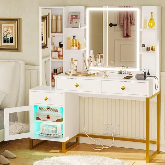 Makeup Vanity Desk with Lighted Mirror, Lights, Charging Station & RGB Cabinet