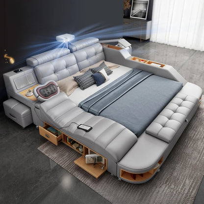 Luxury Queen Size Bed - Smart Tech, Genuine Leather, Multifunctional