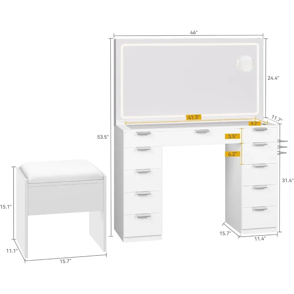 Makeup Vanity Desk Set with LED Mirror, Glass Top, 11 Drawers & Power Strip