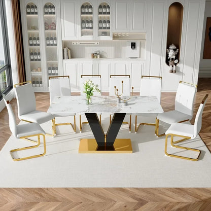 Marble Dining Table Set: 71-Inch Glass Table, 8 White PU Leather Chairs