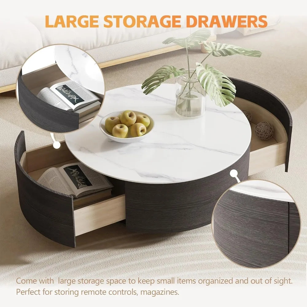 Black Marble Coffee Table: Round, with Drawers, Fully Assembled