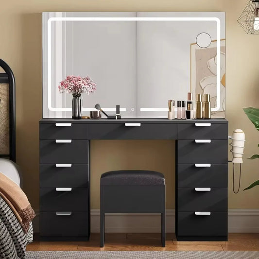 Makeup Vanity Set with LED Mirror, Power Outlet, 11 Drawers & Magnifying Glass