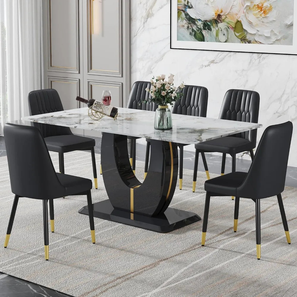 White Marble Dining Table Set for 6: Glass Top, Black PU Leather Upholstered Chairs