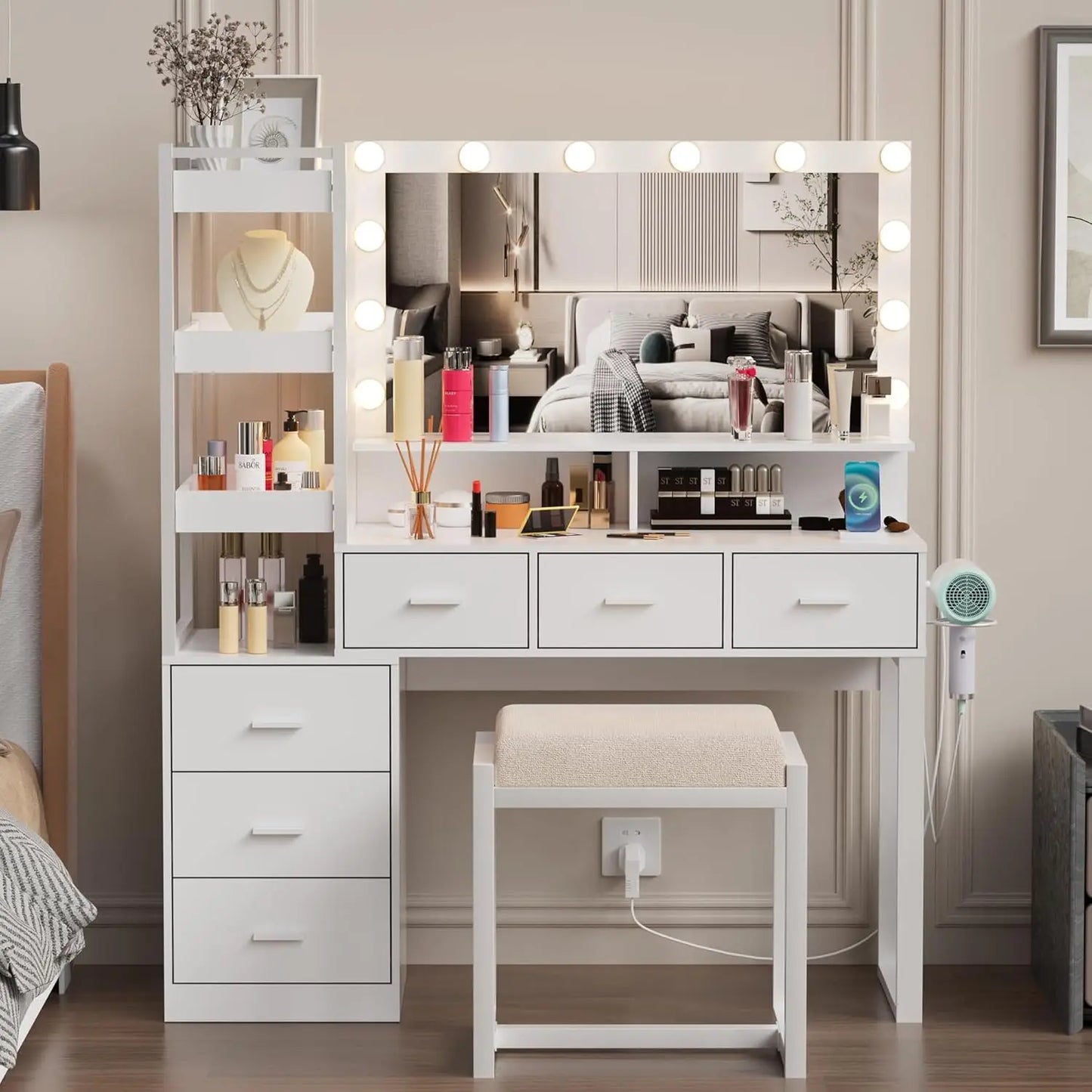 PAKASEPT Makeup Vanity Desk with Mirror, Lights, Charging Station & Drawers