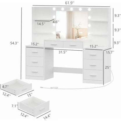 Makeup Table with Mirror, Lighting, 3 Modes, Large Drawers & Open Storage