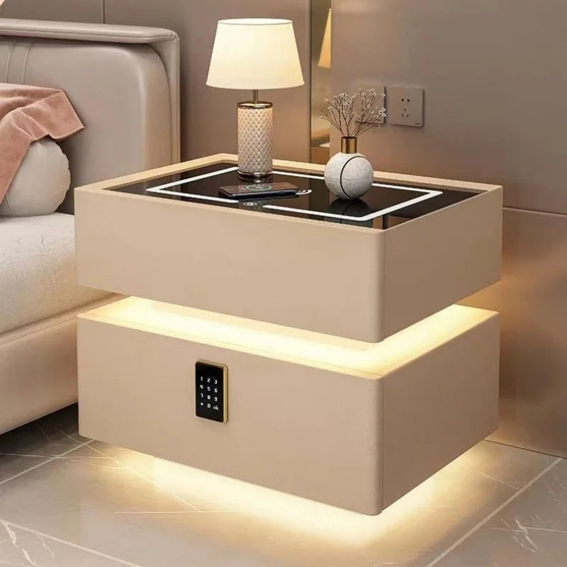 Modern Solid Wood Bedside Table with Wireless Charging & Lock