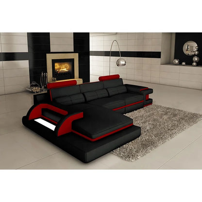 Italian Red & Black Genuine Leather L-Shape Sectional Sofa Set