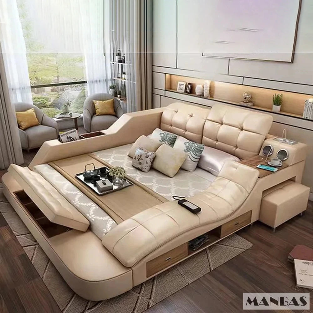 Luxury King Size Smart Bed with Genuine Leather & Massage