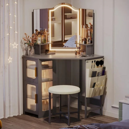 Vanity Desk with Mirror & Lights, Charging Station, 3 Lighting Options & Drawers