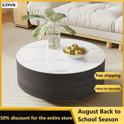 Black Marble Coffee Table: Round, with Drawers, Fully Assembled