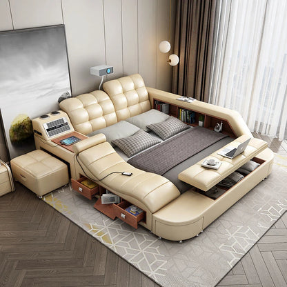 Luxury Smart Bed: Genuine Leather, Massage, Bluetooth, Air Cleaner