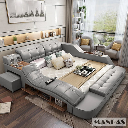Luxury King Size Smart Bed with Genuine Leather & Massage