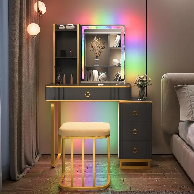 Vanity Desk with Mirror & Lights, 3-Color Lighting, Charging Station, 5 Drawers, 3 Shelves & Stool