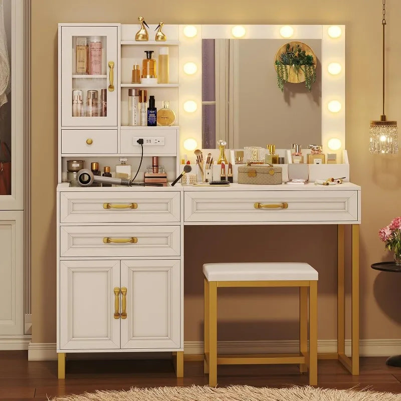 Makeup Vanity Desk with Mirror, Lights, Charging Station & Stool