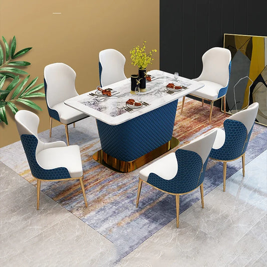 Elevate Your Dining Room: Marble Table Set with 6 Leather Chairs and Stainless Steel Design