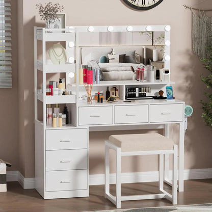 PAKASEPT Makeup Vanity Desk with Mirror, Lights, Charging Station & Drawers