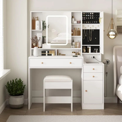 Vanity Desk with Mirror & Lights, Makeup Vanity with 3 Drawers, Cabinets, Charging Station & Sliding Features