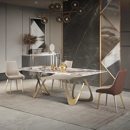 Rock Plate Dining Table Set: 6 Chairs, Gold, Luxury Modern Sintered Stone