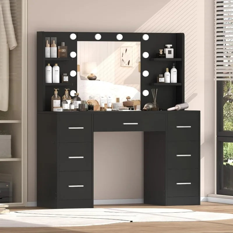 Vanity Desk with 10 LED Lights, 7 Sliding Drawers & 6 Open Shelves