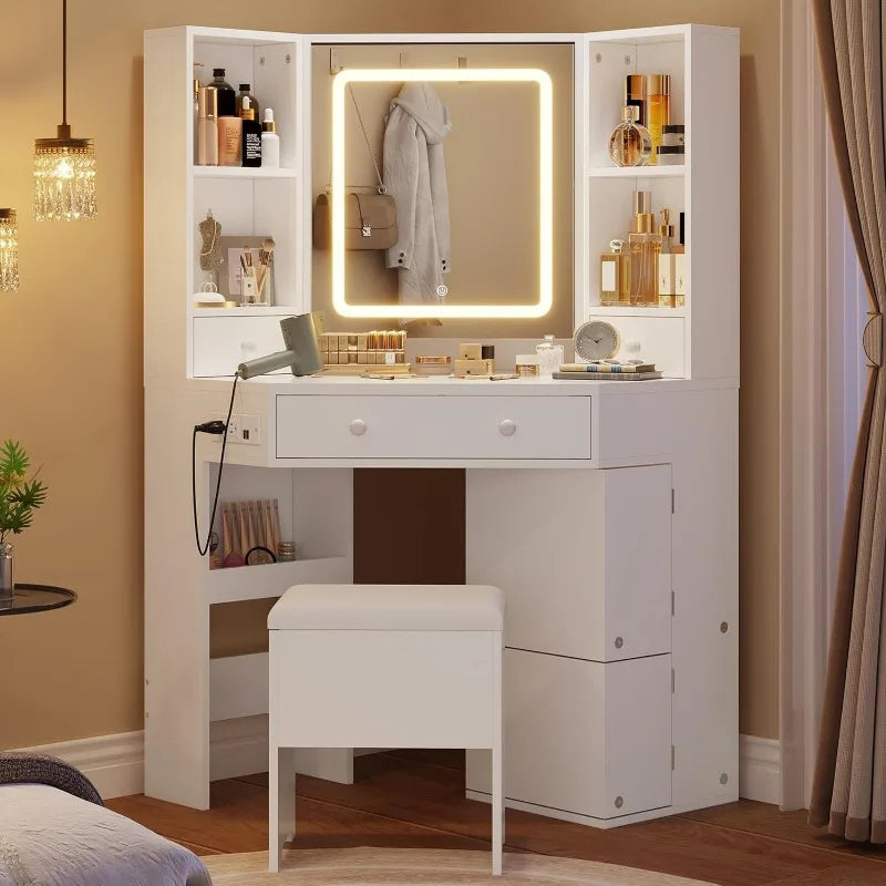 Corner Vanity Desk with Mirror, Lights, Rotating Shelves & Charging Station