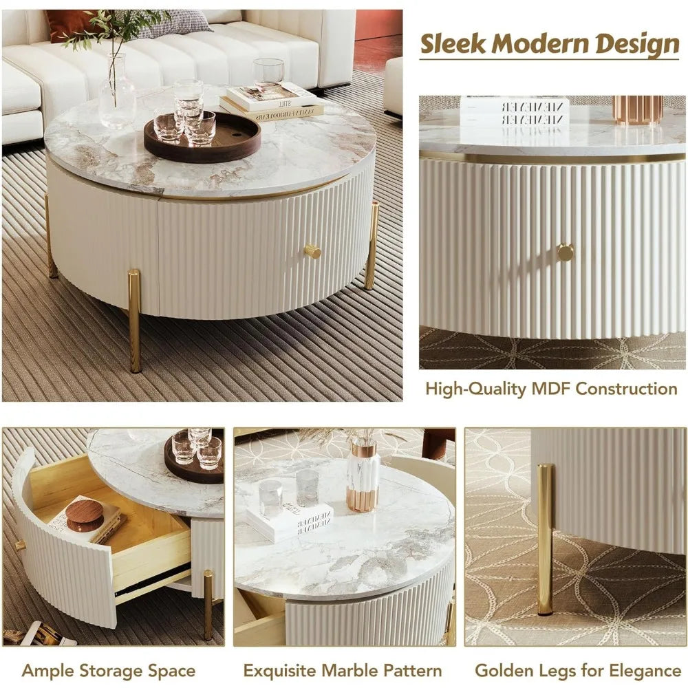 Modern Round Coffee Table with 2 Large Drawers Storage Accent Table(31.5'')