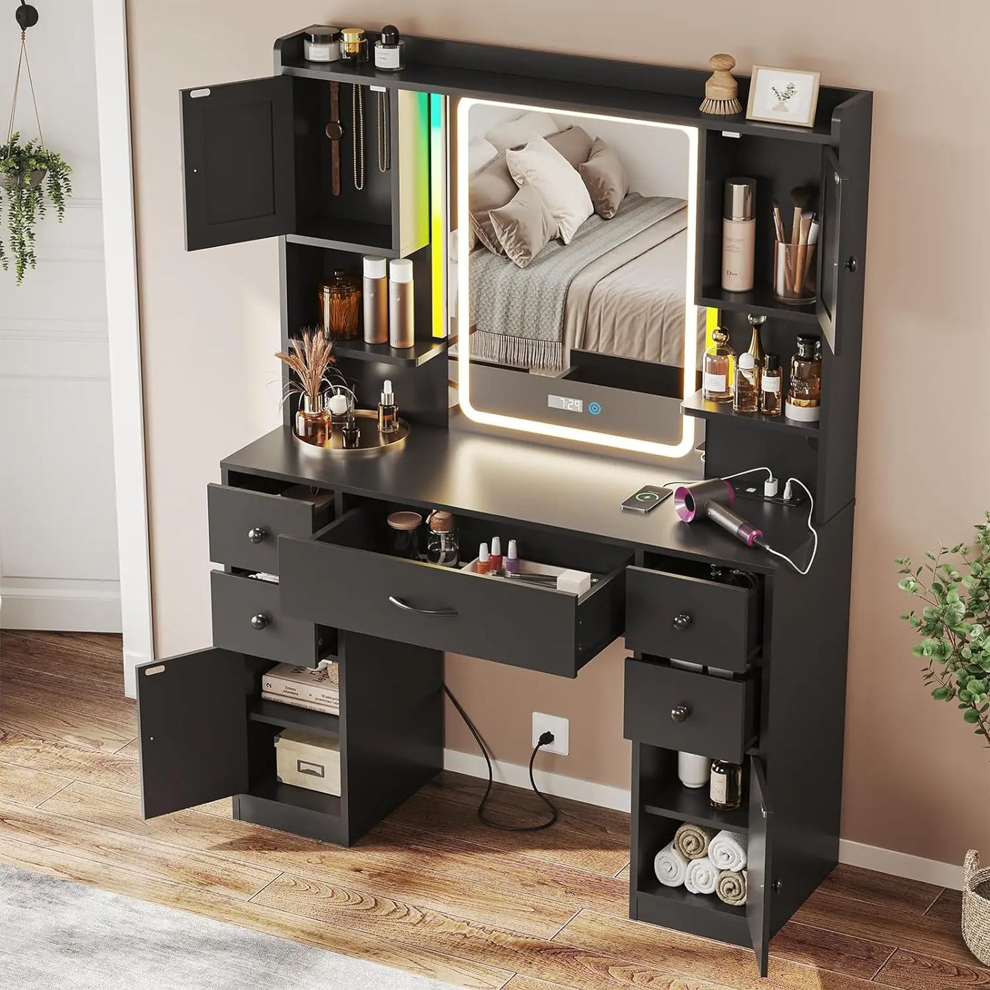 Tiptiper Large Makeup Vanity with LED Mirror, Lights, Charging Station, 5 Drawers & 4 Cabinets