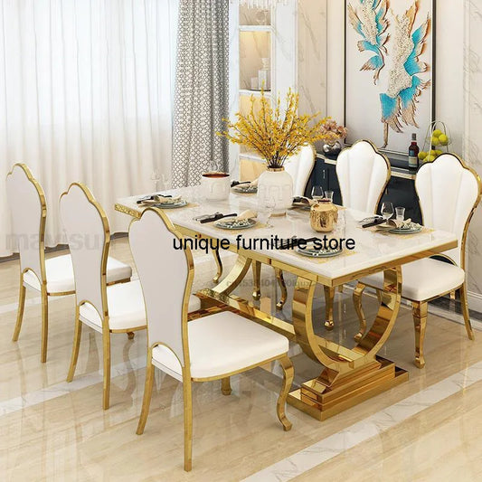 Light Luxury Kitchen Table: Marble Rectangle, Gold-Plated Stainless Steel Frame, Hotel Dining Set