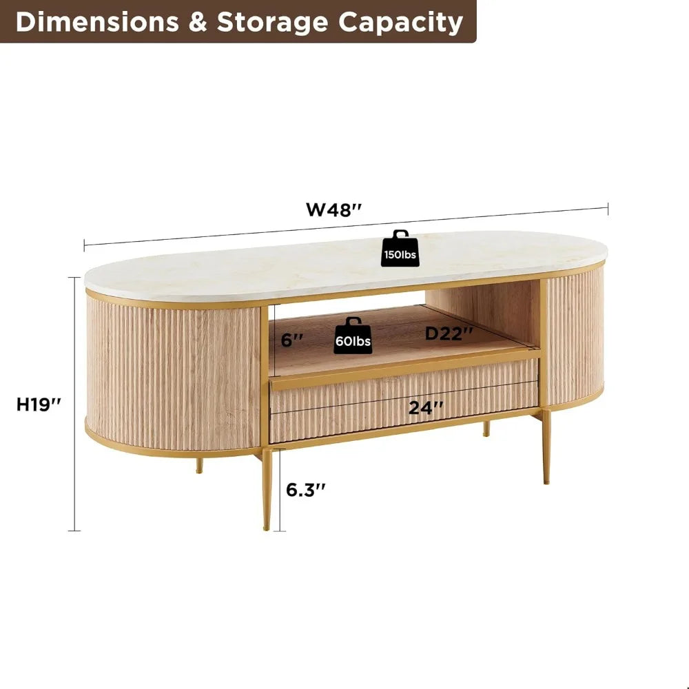 Modern Luxury Coffee Table: 48" Oval, Gold Metal, Drawer, Natural Oak