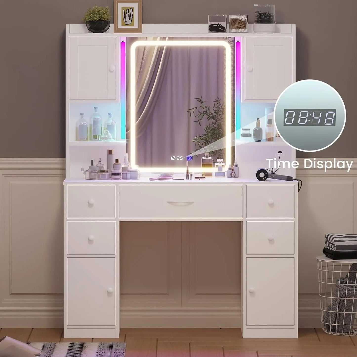 Tiptiper Large Vanity Desk with Mirror, Lights, Charging Station & Smart Mirror