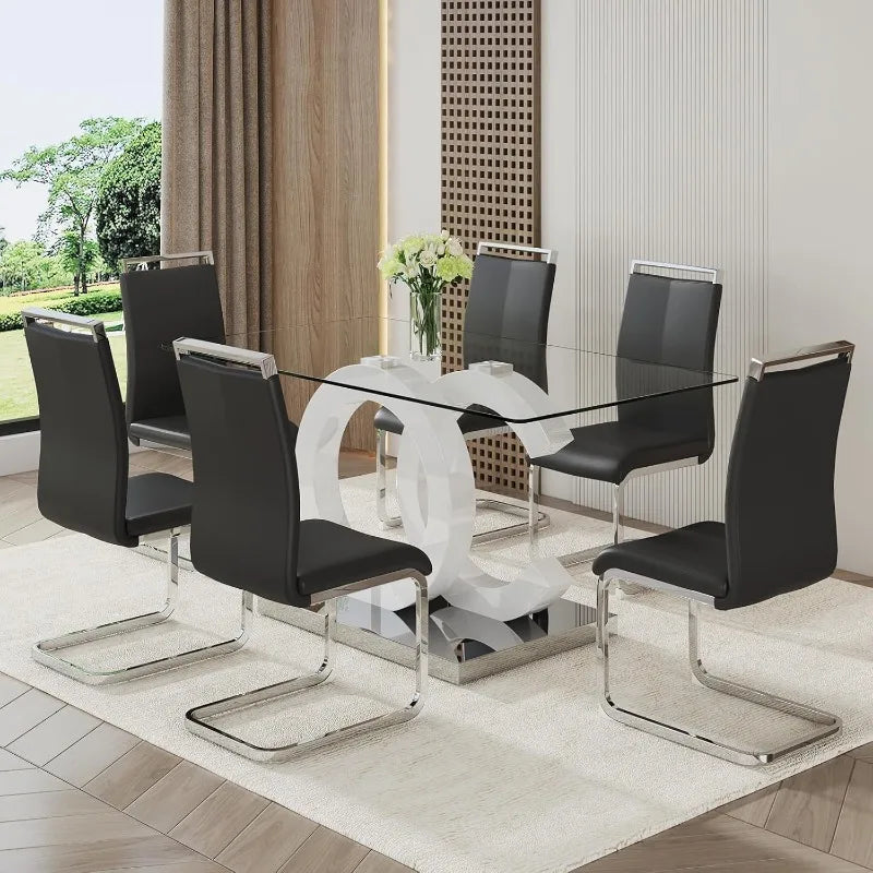 Glass Dining Table Set for 6: 7-Piece, Tempered Glass Top, Modern with 6 PU Leather Chairs