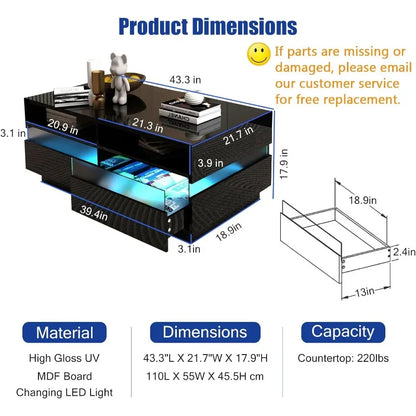 Modern LED Coffee Table: 2-Tier Black, High Gloss, 2 Storage Drawers, 60,000-Color LED Lights, App Control