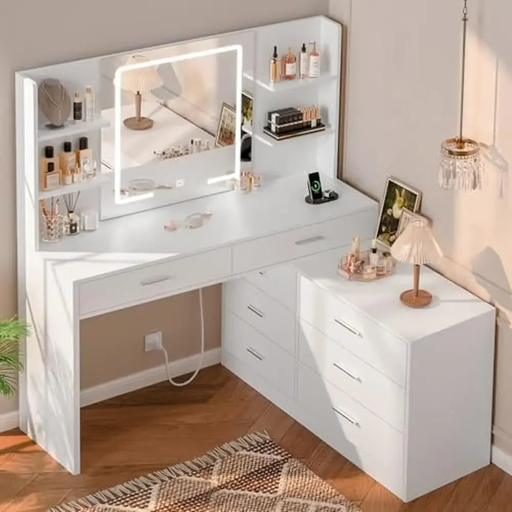 Vanity Desk with LED Mirror, Modern Corner Makeup Table, 8 Drawers & Storage Shelves