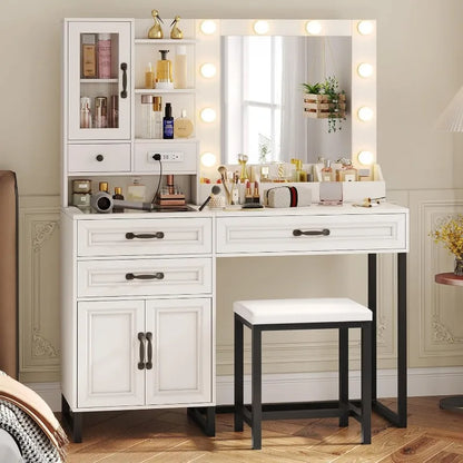 Makeup Vanity Desk with Mirror, Lights, Charging Station & Stool