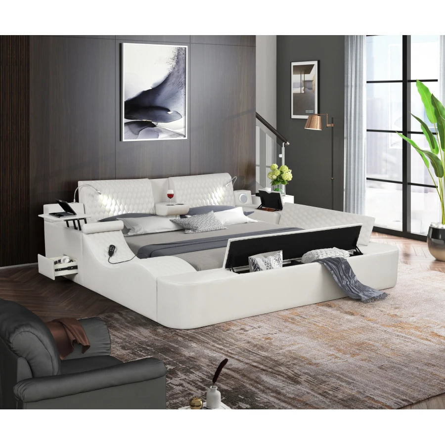 White Multi-Function Smart Bed: Solid Wood, King Size, Storage