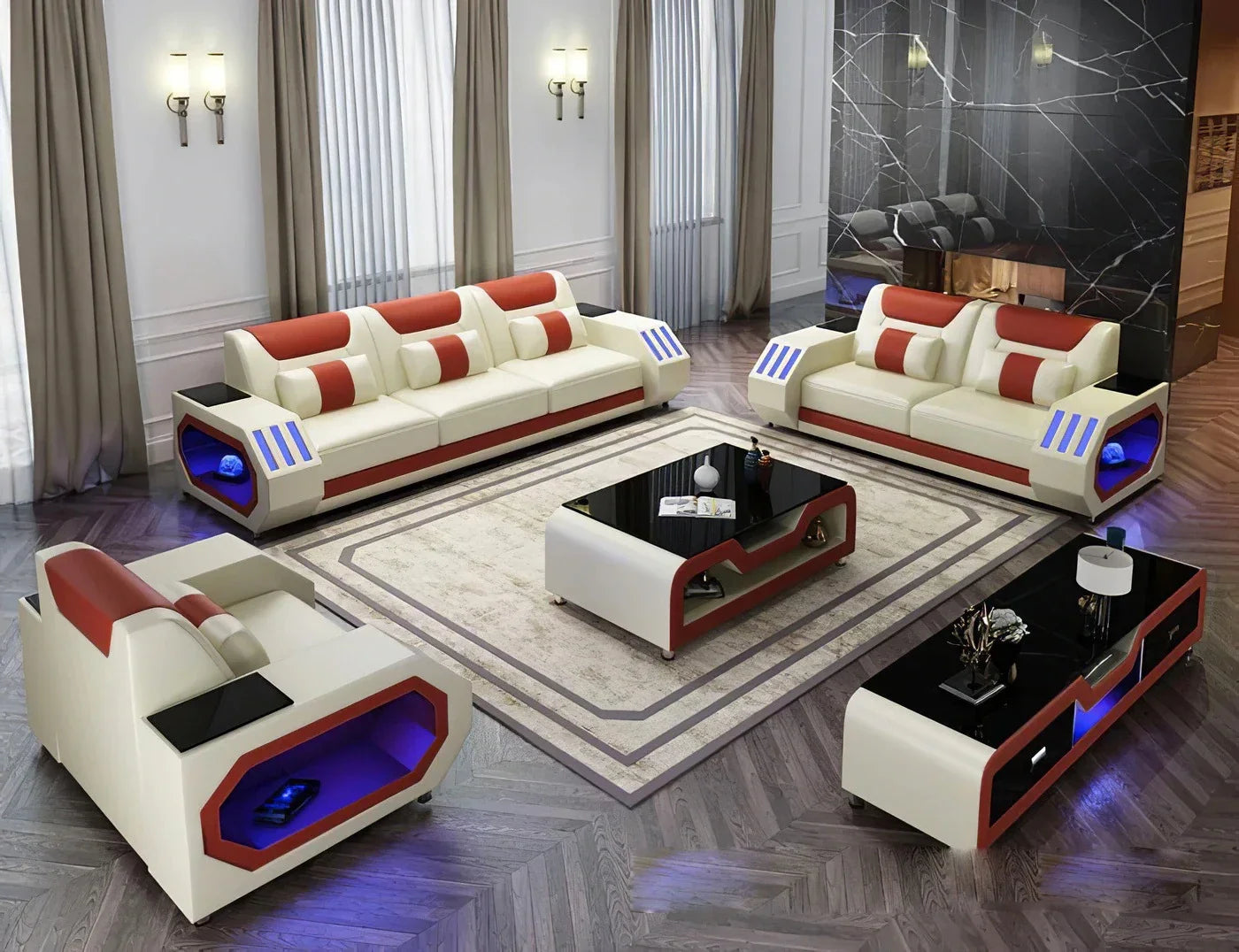 Full Set Genuine Leather Sectional Sofa - Elegant Living Room