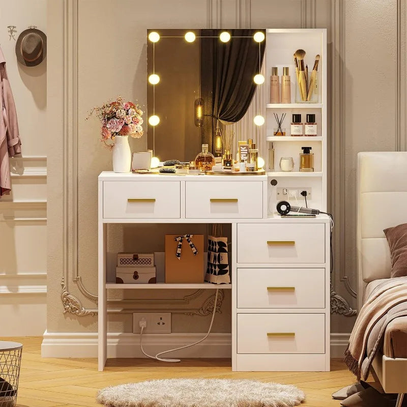 Vanity Desk with Sliding Mirror & Lights, Charging Station, 5 Drawers