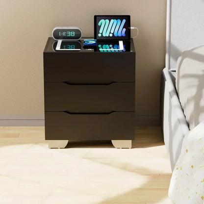 Modern Nightstands with LED Lights, Charging Station & Sensor