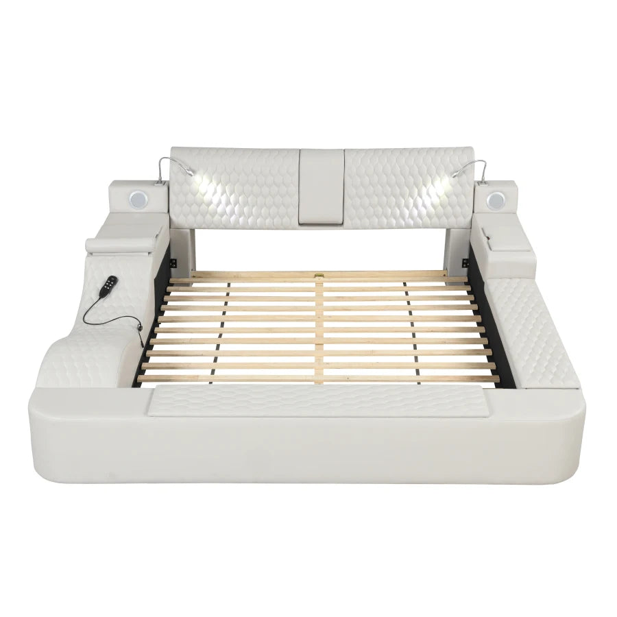 White Multi-Function Smart Bed: Solid Wood, King Size, Storage