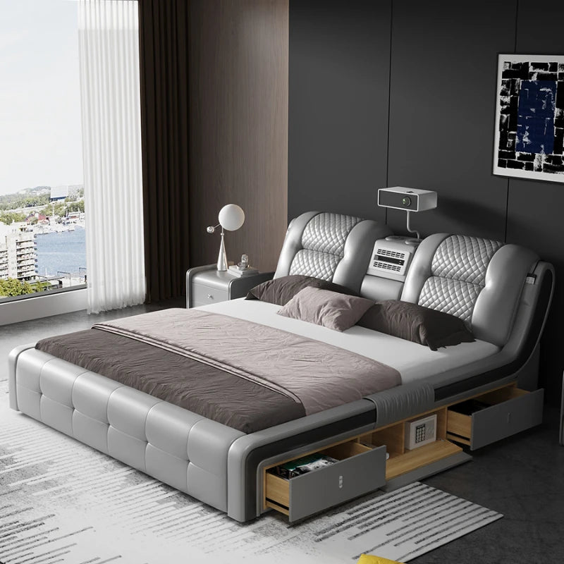 King Size Tatami Bed: Smart Leather, Massage & Projector