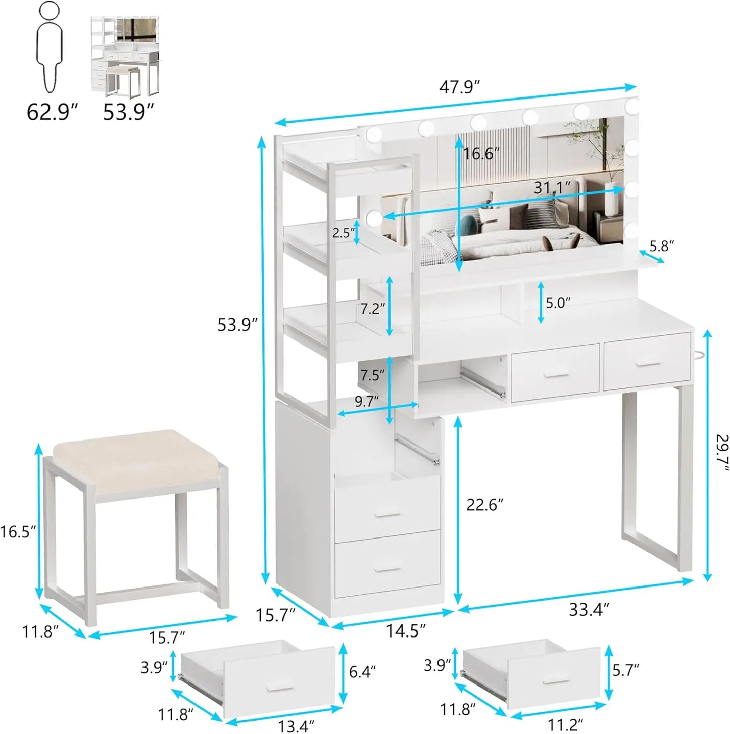 PAKASEPT Makeup Vanity Desk with Mirror, Lights, Charging Station & Drawers