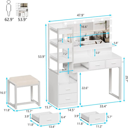 PAKASEPT Makeup Vanity Desk with Mirror, Lights, Charging Station & Drawers