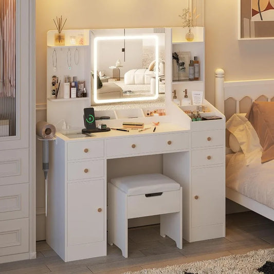 Vanity Desk with Mirror & Lights, 45in Makeup Vanity Table with Charging Station