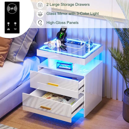 LED Nightstands with 2 Drawers, Auto Sensor Lights & Charging